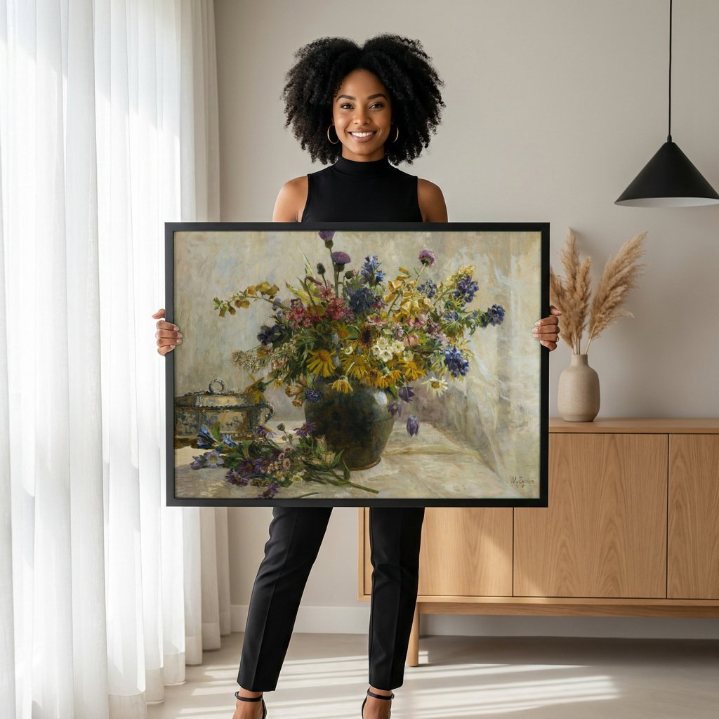 Quadro Decorativo Cesto de Flores Silvestres - Marie Egner com modelo em ambiente