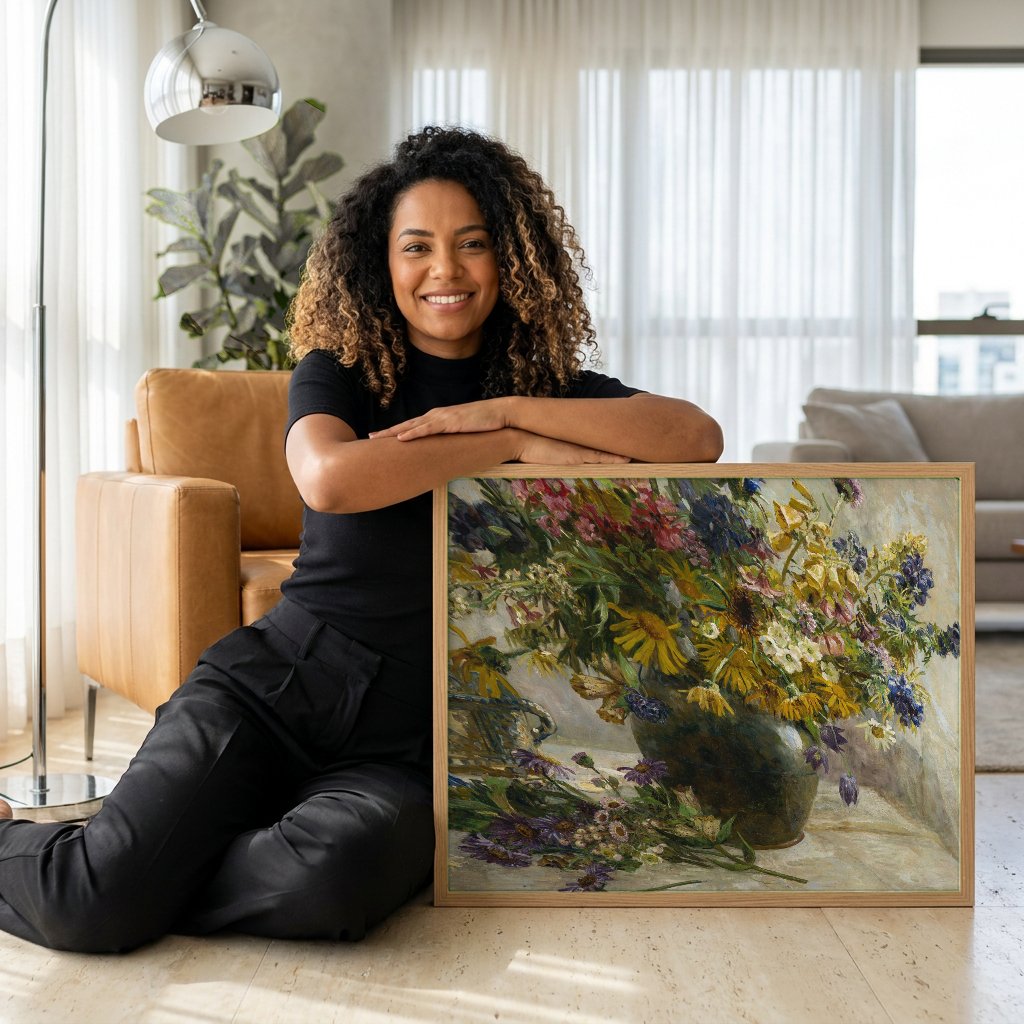 Quadro Decorativo Cesto de Flores Silvestres - Marie Egner com modelo em ambiente