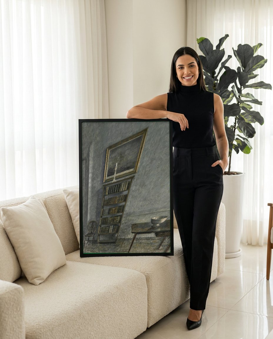 Quadro Decorativo Interior Silencioso - Vilhelm Hammershøi com modelo em ambiente