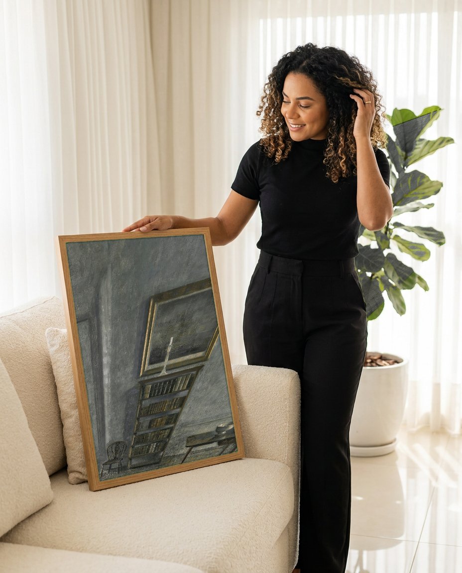 Quadro Decorativo Interior Silencioso - Vilhelm Hammershøi com modelo em ambiente