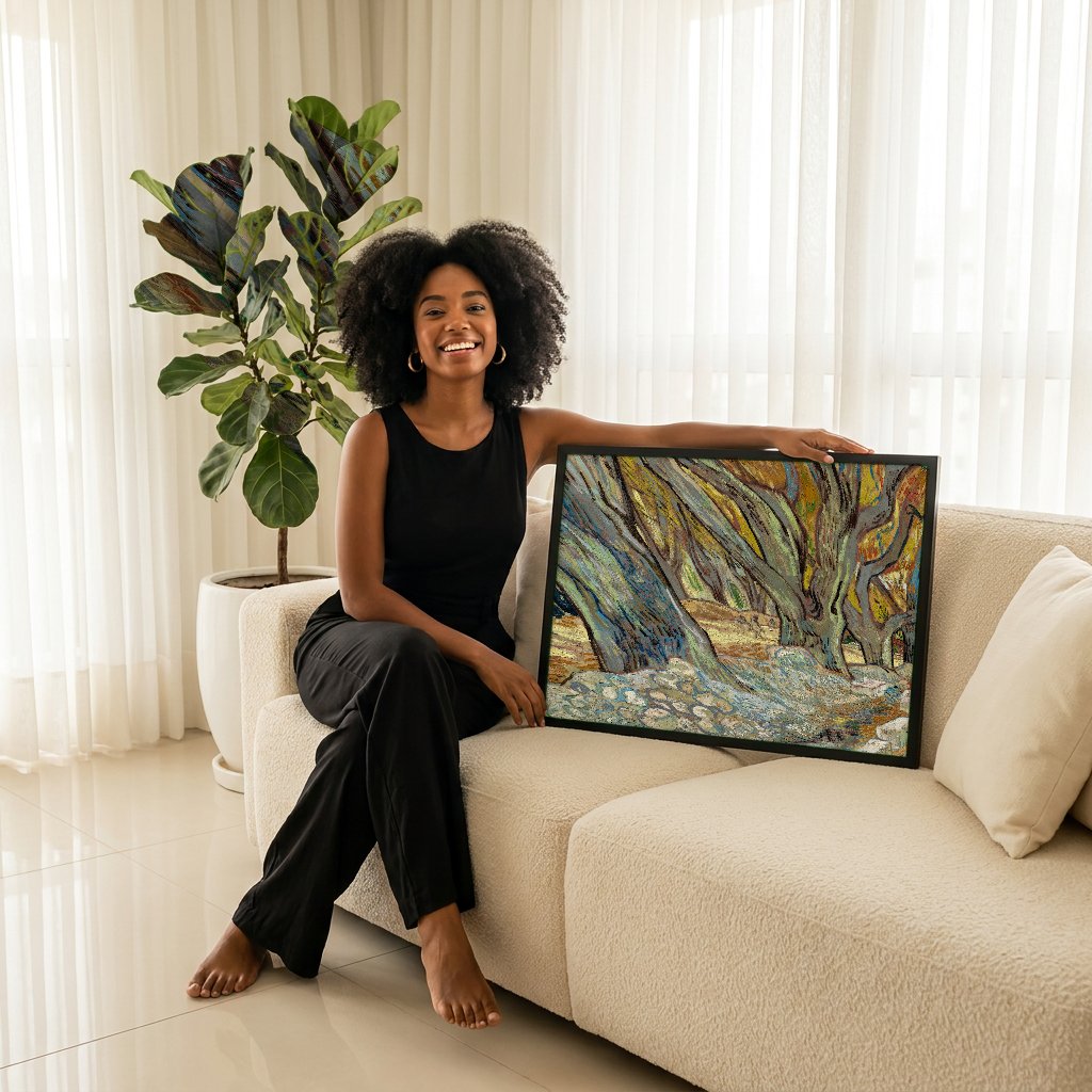 Quadro Decorativo Les Grands Platanes - Vincent van Gogh com modelo em ambiente