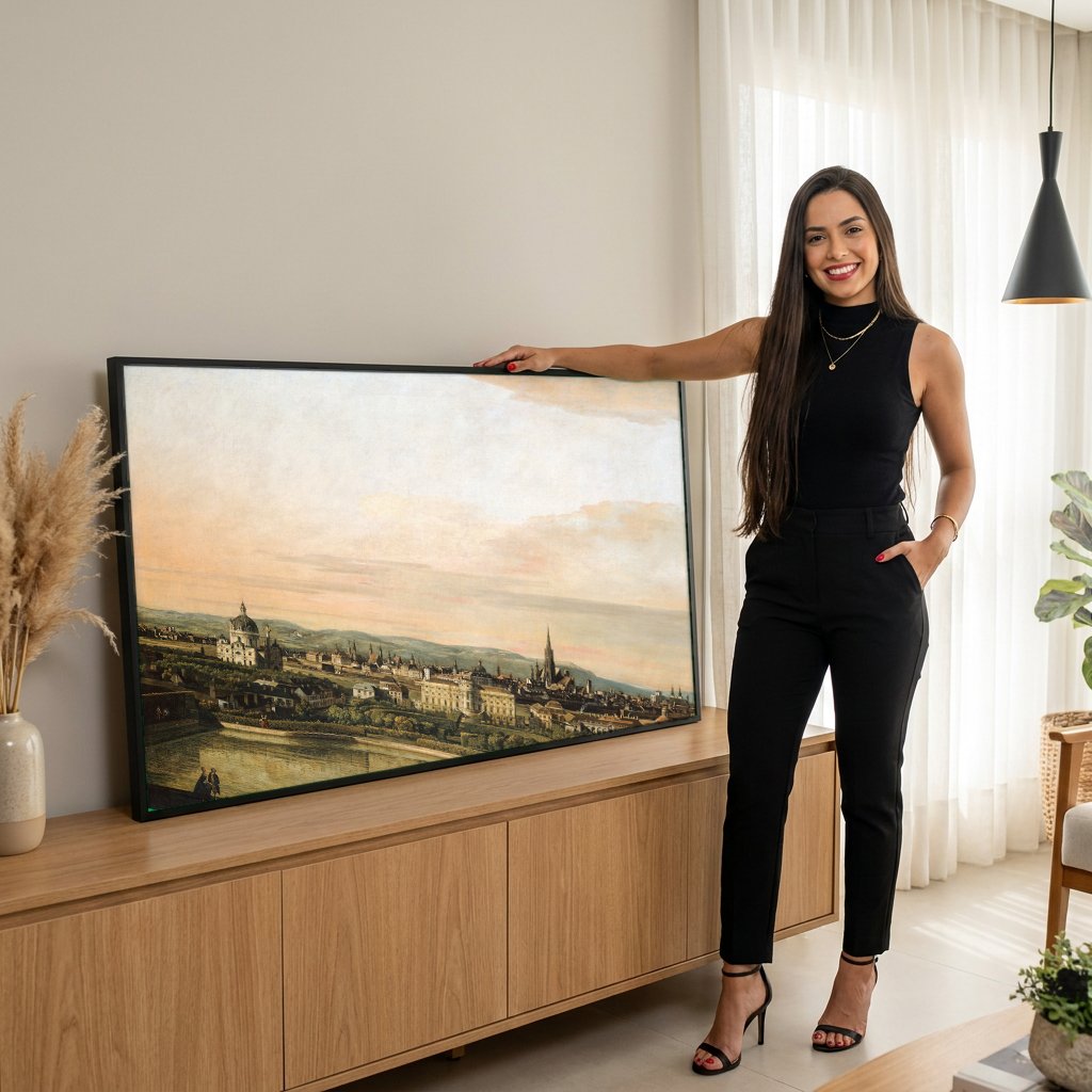 Quadro Decorativo Vista Panorâmica de Viena - Canaletto com modelo em ambiente