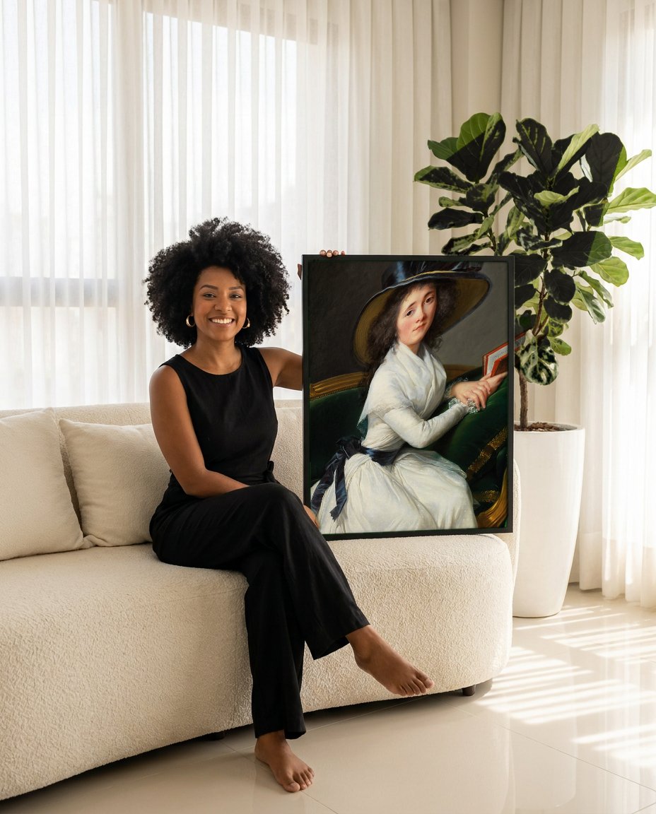 Quadro Decorativo Senhora com Chapéu - Vigée Le Brun com modelo em ambiente