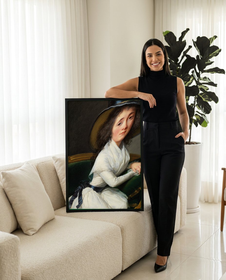 Quadro Decorativo Senhora com Chapéu - Vigée Le Brun com modelo em ambiente