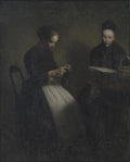 Quadro decorativo com pintura de Vilhelm Hammershøi, 'Two Women in an Interior', mostrando duas mulheres em um ambiente escuro, uma sentada e outra em pé, ambas com vestimentas escuras, iluminadas por uma luz tênue.