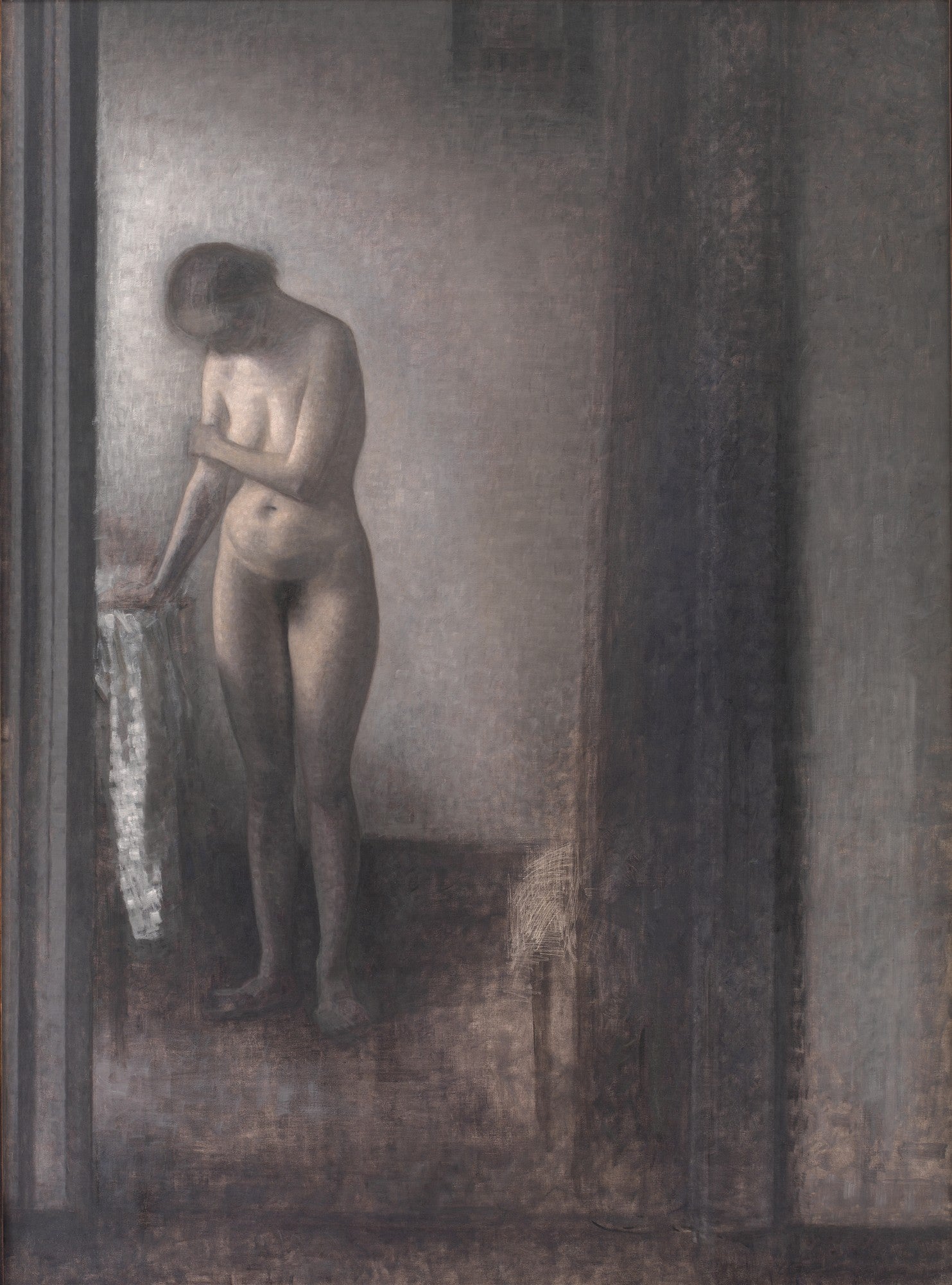 Quadro decorativo com pintura a óleo de Vilhelm Hammershøi, retratando uma figura feminina nua de costas, em um ambiente interior de cores sóbrias e luz difusa, com uma toalha pendurada ao lado esquerdo.