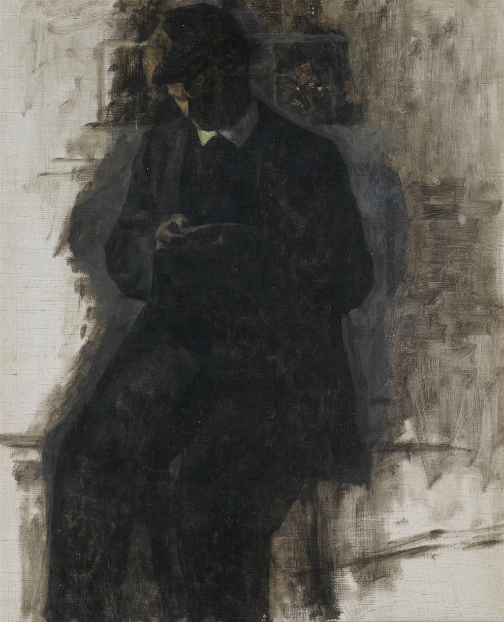 Pintura a óleo de Vilhelm Hammershøi retratando um homem de terno escuro e chapéu, sentado, com a cabeça inclinada para baixo, lendo algo que segura nas mãos. O rosto está na sombra, com apenas um colarinho claro visível. O fundo é predominantemente em tons de cinza, branco e preto, com pinceladas visíveis, criando uma atmosfera melancólica e de introspecção. A iluminação é sutil, vindo de cima, destacando o contorno da figura e as texturas rústicas da parede atrás.