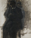 Pintura a óleo de Vilhelm Hammershøi retratando um homem de terno escuro e chapéu, sentado, com a cabeça inclinada para baixo, lendo algo que segura nas mãos. O rosto está na sombra, com apenas um colarinho claro visível. O fundo é predominantemente em tons de cinza, branco e preto, com pinceladas visíveis, criando uma atmosfera melancólica e de introspecção. A iluminação é sutil, vindo de cima, destacando o contorno da figura e as texturas rústicas da parede atrás.