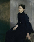 Quadro decorativo com retrato de mulher sentada, de Vilhelm Hammershøi, com vestes escuras e fundo neutro, evocando melancolia e introspecção.