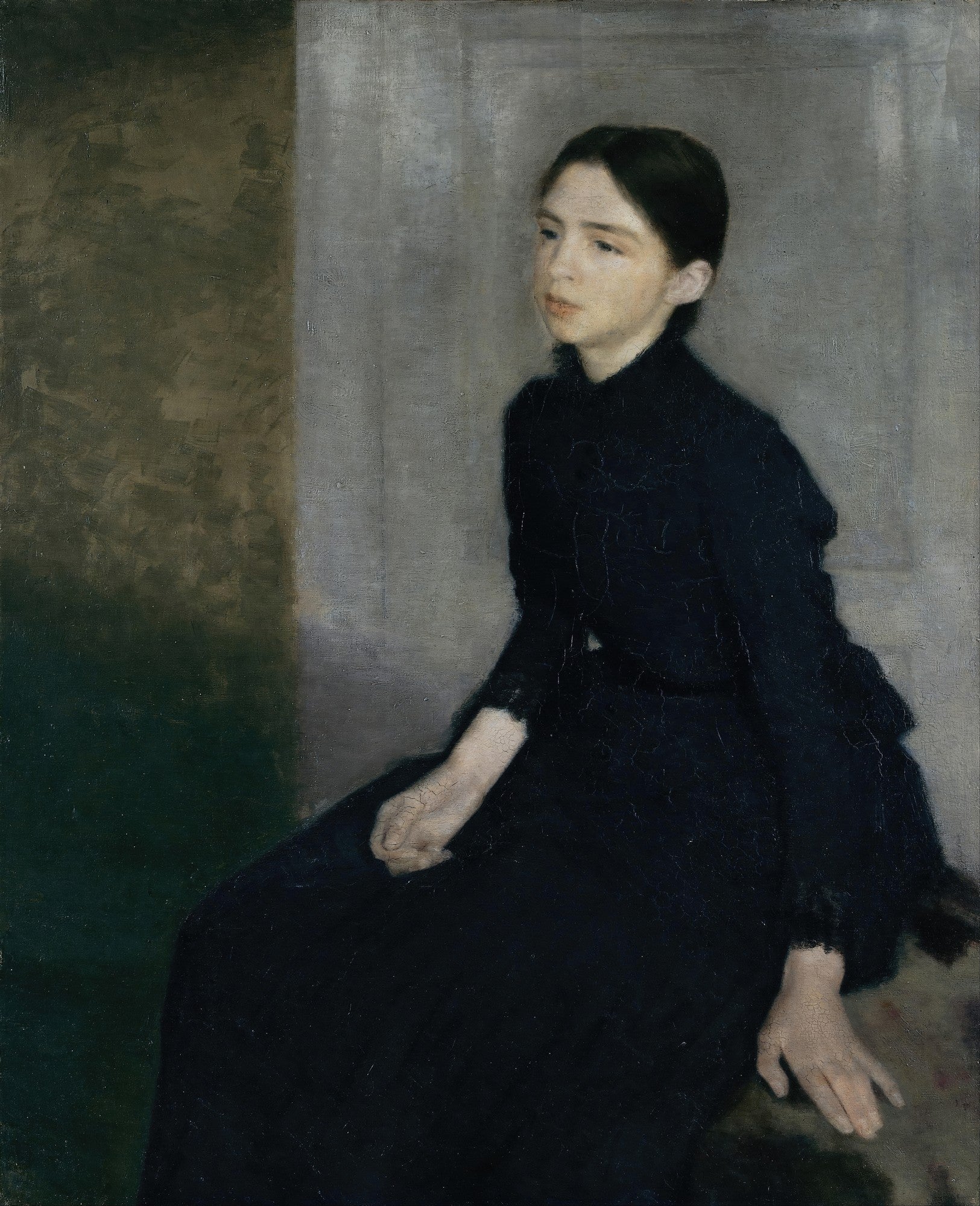 Quadro decorativo com retrato de mulher sentada, de Vilhelm Hammershøi, com vestes escuras e fundo neutro, evocando melancolia e introspecção.