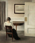 Quadro decorativo com pintura de Vilhelm Hammershøi, 'Interior, Strandgade 30', mostrando uma mulher sentada de costas em um interior com cores neutras e uma porta aberta.