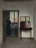Quadro decorativo Interior com Mulher e Veleiro de Vilhelm Hammershøi, apresentando uma mulher de costas em um interior olhando pela janela para um veleiro. Pintura de interior com luz suave e tons neutros.