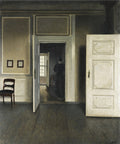 Pintura a óleo de Vilhelm Hammershøi, 'Interior, Strandgade 30', mostrando uma mulher de costas em um quarto sombrio com portas abertas e luz natural.