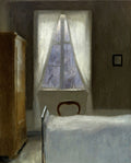 Quadro decorativo com a obra 'Interior, Strandgade 30' de Vilhelm Hammershøi, mostrando um quarto com uma janela iluminada, cama e armário em tons de cinza e branco