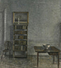 Quadro decorativo de Vilhelm Hammershøi, "Interior, Strandgade 30", mostrando um ambiente doméstico austero em tons de cinza com uma estante de livros, uma cadeira e uma mesa com uma tigela, iluminado por luz natural difusa.