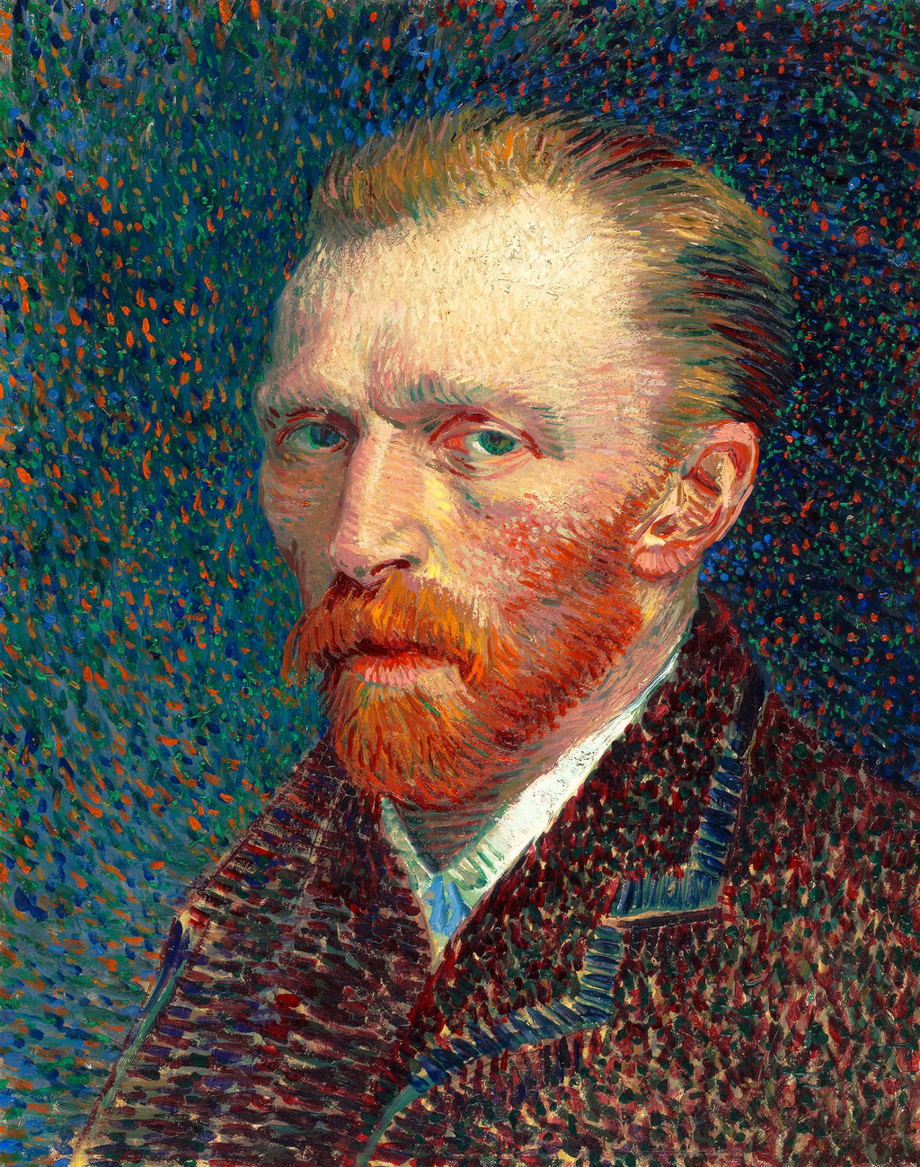 Autorretrato de Vincent van Gogh, com rosto voltado para o espectador, barba ruiva e fundo azul pontilhista vibrante. Pinceladas carregadas e expressivas.