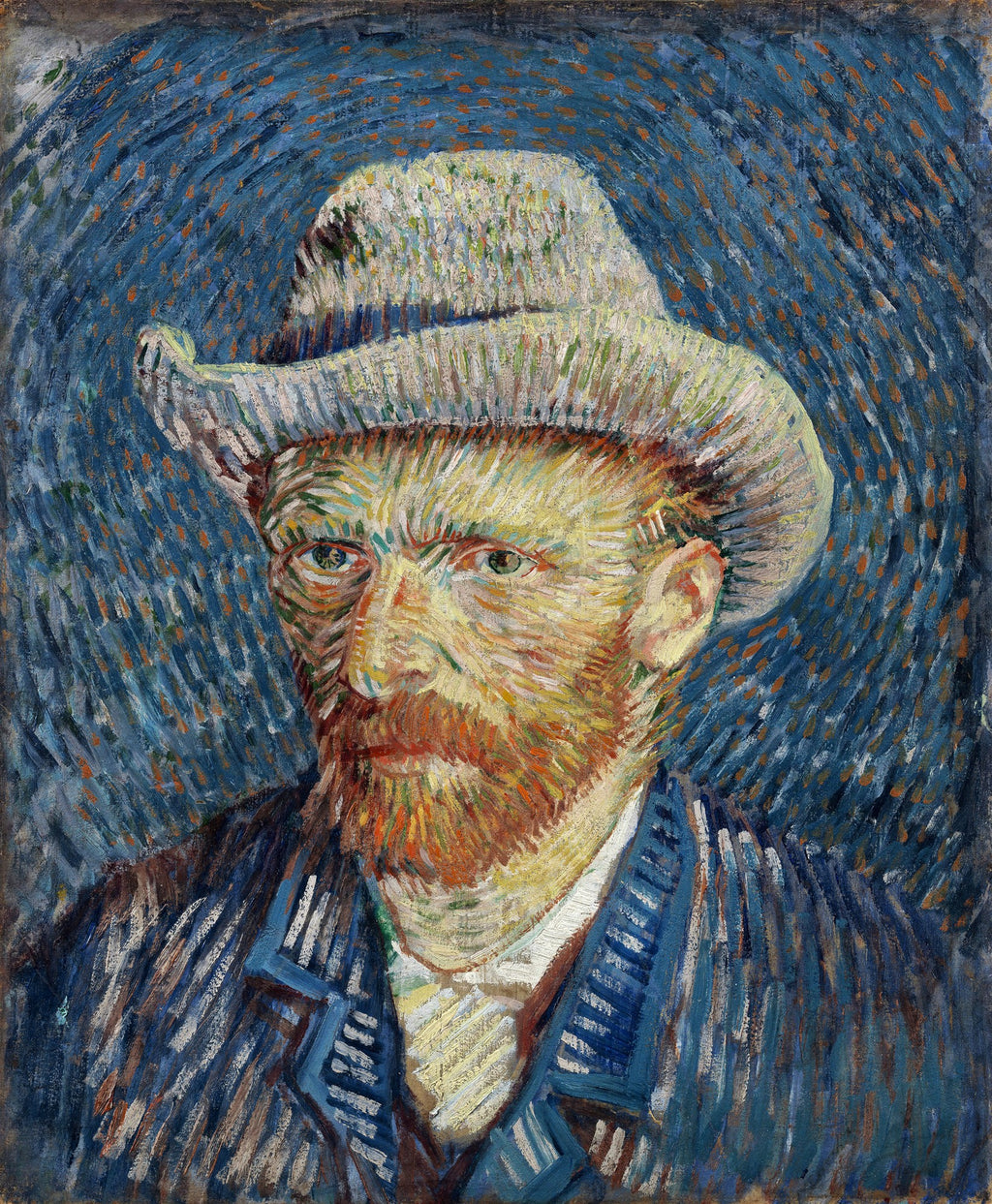 Autorretrato de Vincent van Gogh com chapéu de palha, com pinceladas espessas e vibrantes, fundo azul turbulento, olhar intenso.