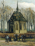 Quadro de Van Gogh 'A Velha Torre da Igreja de Nuenen' mostrando uma igreja antiga e escura com telhado pontudo, cercada por árvores desfolhadas e figuras humanas em primeiro plano, sob um céu nublado.