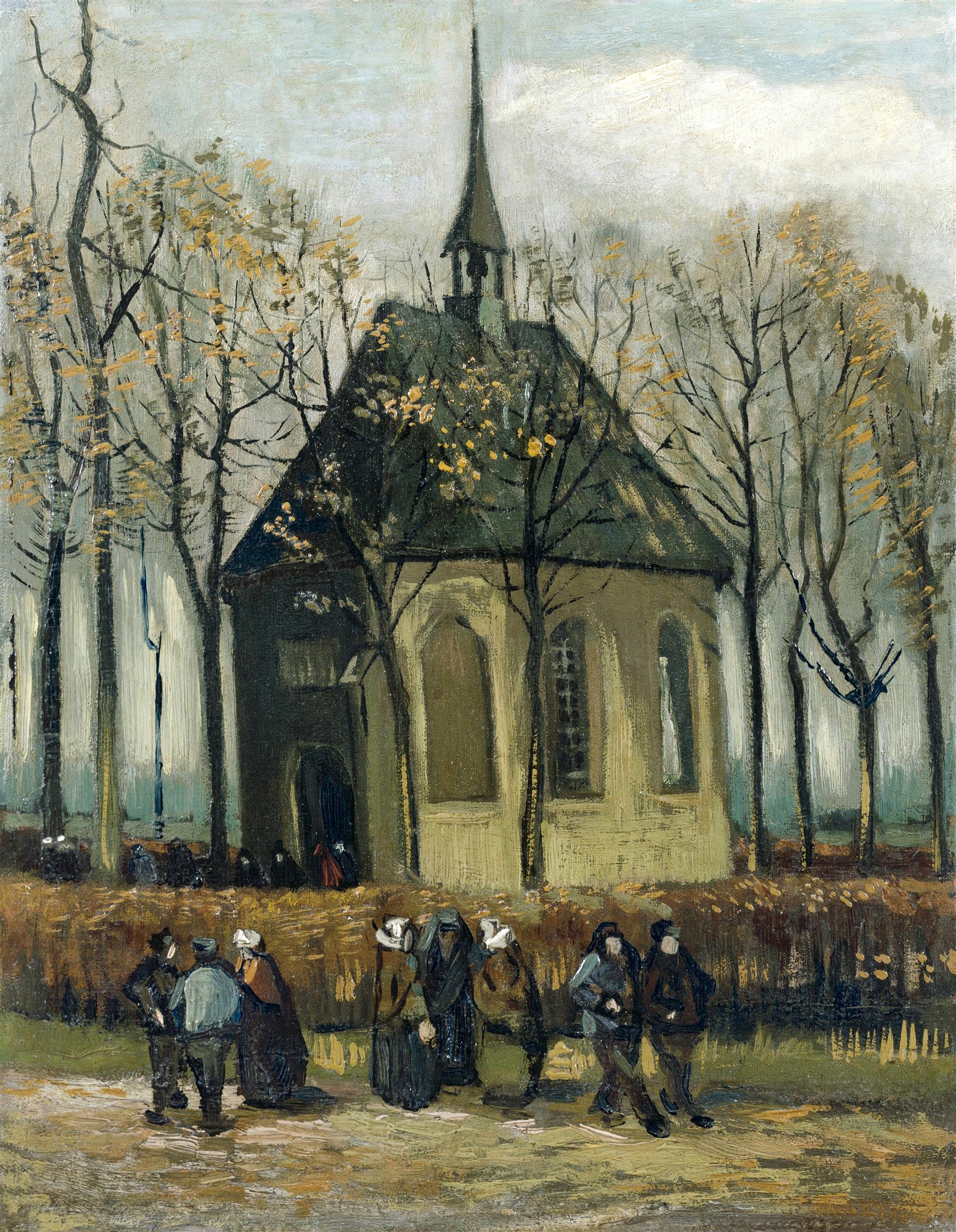 Quadro de Van Gogh 'A Velha Torre da Igreja de Nuenen' mostrando uma igreja antiga e escura com telhado pontudo, cercada por árvores desfolhadas e figuras humanas em primeiro plano, sob um céu nublado.