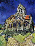 Pintura a óleo de Vincent van Gogh, A Igreja de Auvers-sur-Oise, mostrando uma igreja gótica sob um céu azul escuro e turbulento, com uma figura feminina caminhando por uma estrada de terra em primeiro plano.