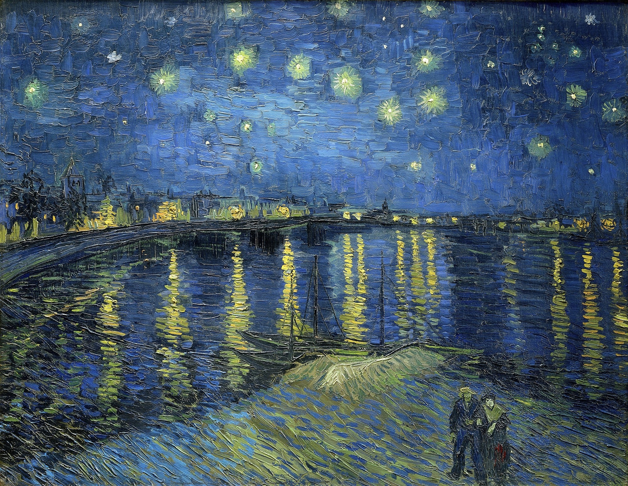 Quadro decorativo 'Noite Estrelada Sobre o Ródano' de Van Gogh, mostrando uma paisagem noturna com um rio, céu estrelado azul intenso, luzes da cidade refletidas na água e duas figuras na margem. A obra possui pinceladas texturizadas e vibrantes.