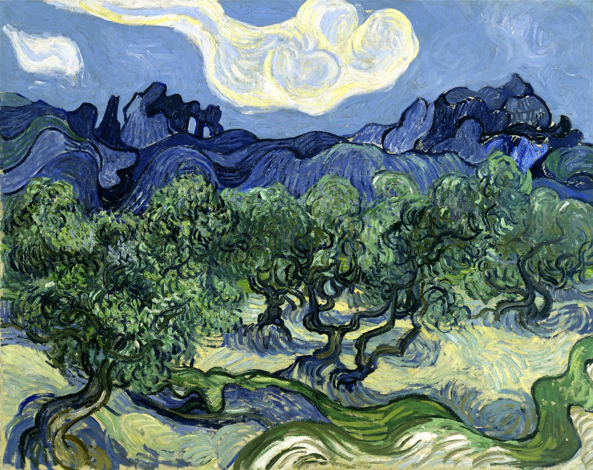 Uma pintura a óleo de Vincent van Gogh, 'Olive Trees with the Alpilles in the Background', retratando oliveiras verdes retorcidas em primeiro plano, com montanhas azuis ondulantes ao fundo e um céu azul com nuvens brancas e amarelas em espiral. A pincelada é visivelmente texturizada e vibrante, característica do estilo pós-impressionista de Van Gogh.