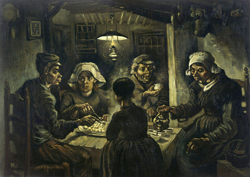 Quadro decorativo com 'Os Comedores de Batata' de Van Gogh, retratando uma família camponesa jantando batatas sob a luz de uma lamparina, em tons escuros e terrosos, com expressões de cansaço e dignidade.