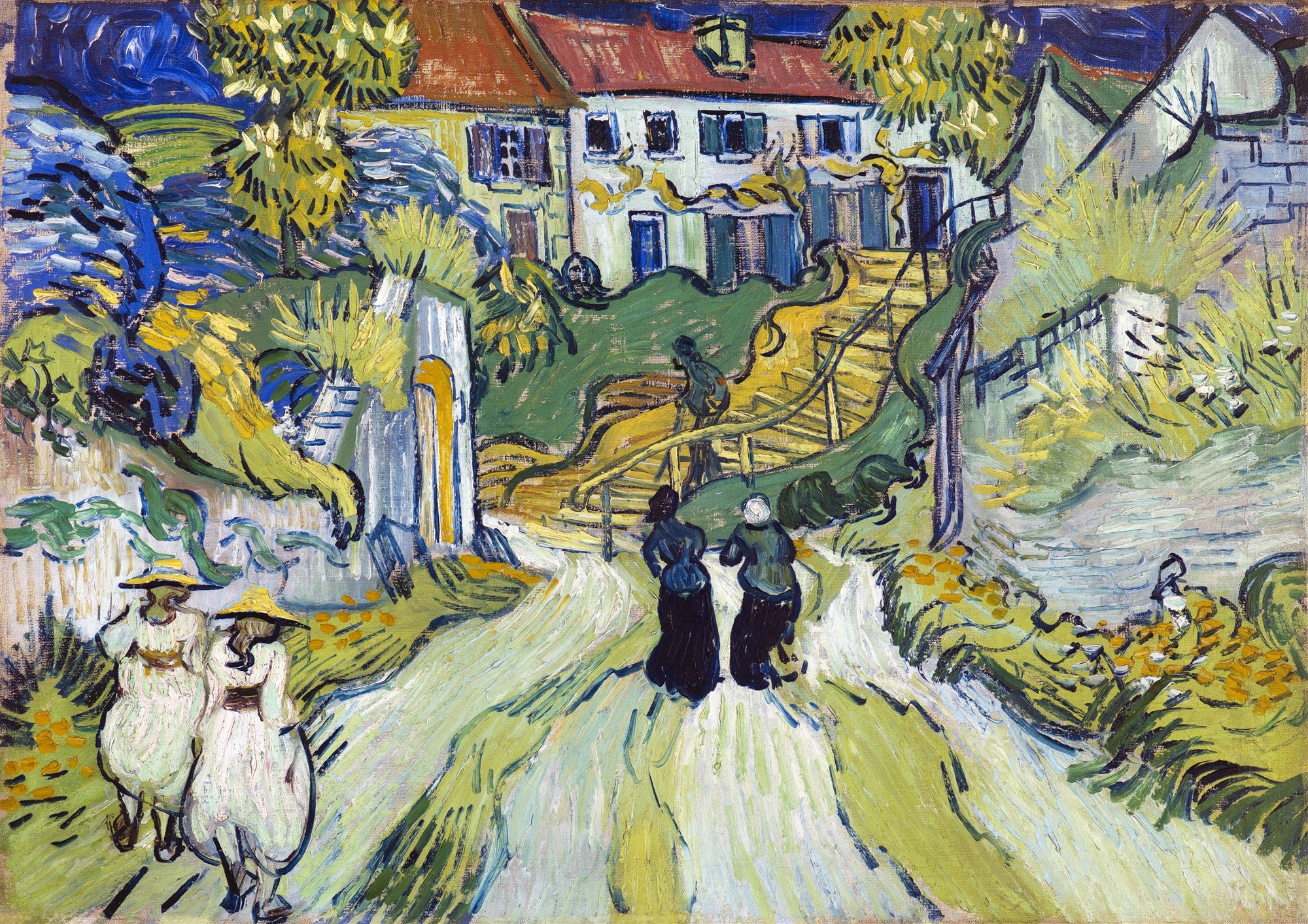 Quadro decorativo mostrando uma pintura de Van Gogh, 'A Subida em Montmartre', com figuras caminhando por uma estrada sinuosa entre casas e árvores em tons de verde, azul e amarelo, com pinceladas expressivas.