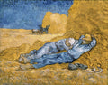 Quadro decorativo "A Sesta" de Van Gogh, retratando dois camponeses dormindo em um campo de feno dourado sob um céu azul, com carroça e bois ao fundo. Pinceladas texturizadas e cores vibrantes.