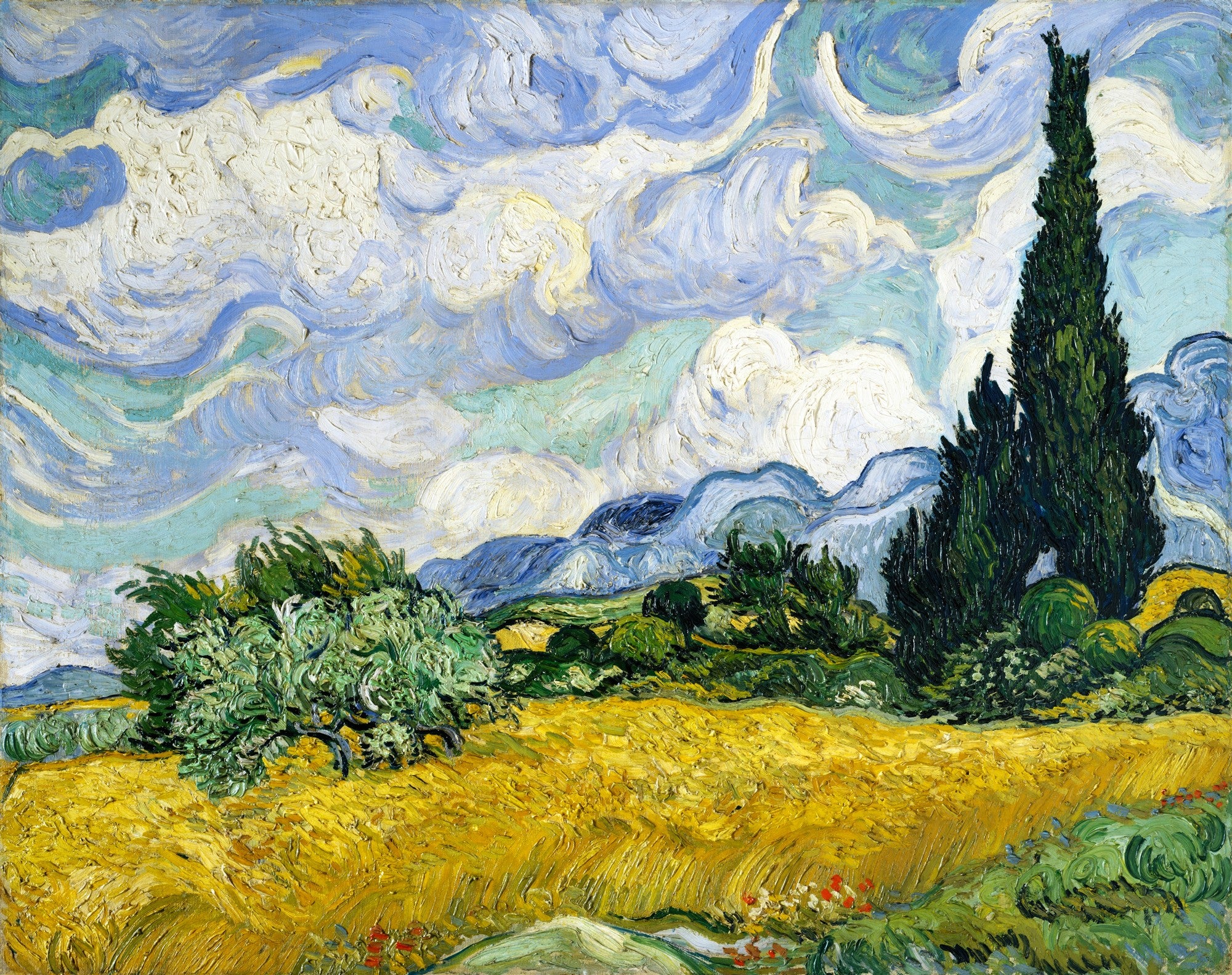 Pintura a óleo de Vincent van Gogh, 'Campo de Trigo com Ciprestes', com campo de trigo dourado, ciprestes verdes altos e céu azul com nuvens brancas e turbulentas.