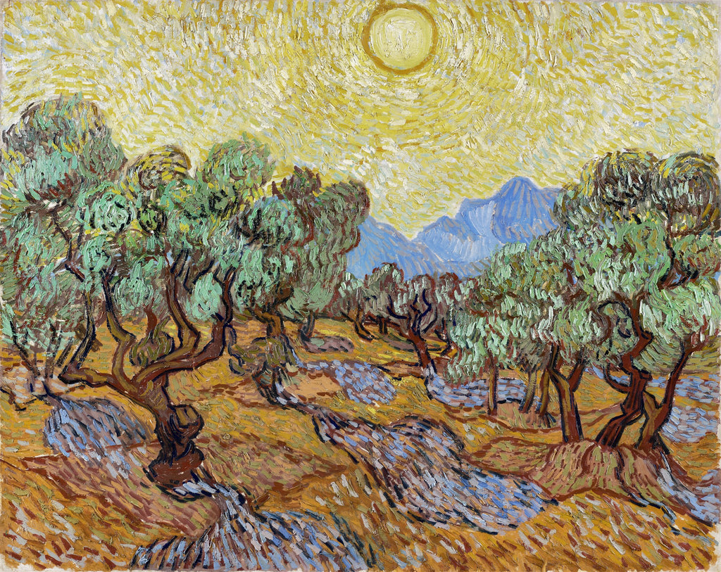Quadro decorativo de Vincent van Gogh, 'Campo de Oliveiras com Sol', com árvores retorcidas e céu amarelo intenso