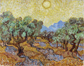 Quadro decorativo de Vincent van Gogh, 'Campo de Oliveiras com Sol', com árvores retorcidas e céu amarelo intenso