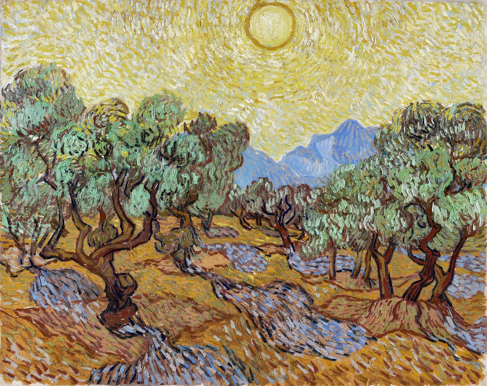 Quadro decorativo de Vincent van Gogh, 'Campo de Oliveiras com Sol', com árvores retorcidas e céu amarelo intenso