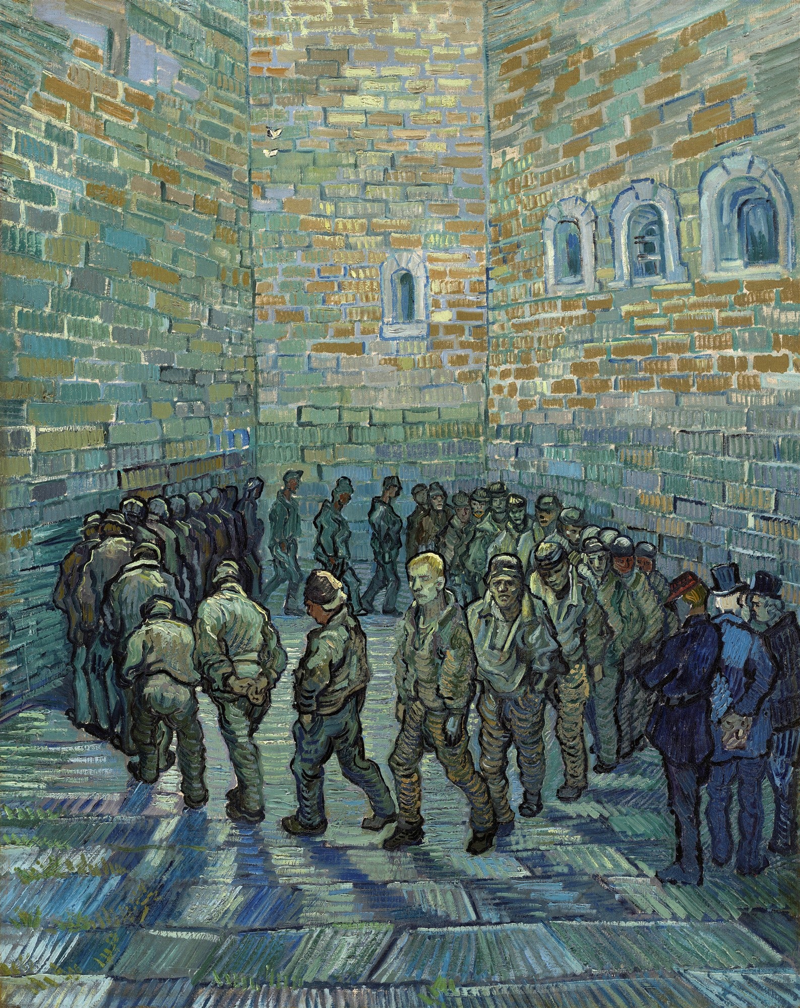 Pintura a óleo de Vincent van Gogh, "Pátio da Prisão", retratando um grupo de prisioneiros caminhando em círculo em um pátio cercado por altos muros de tijolos, com duas figuras observando à direita. O estilo é pós-impressionista com pinceladas visíveis e cores predominantemente azuis e terrosas.