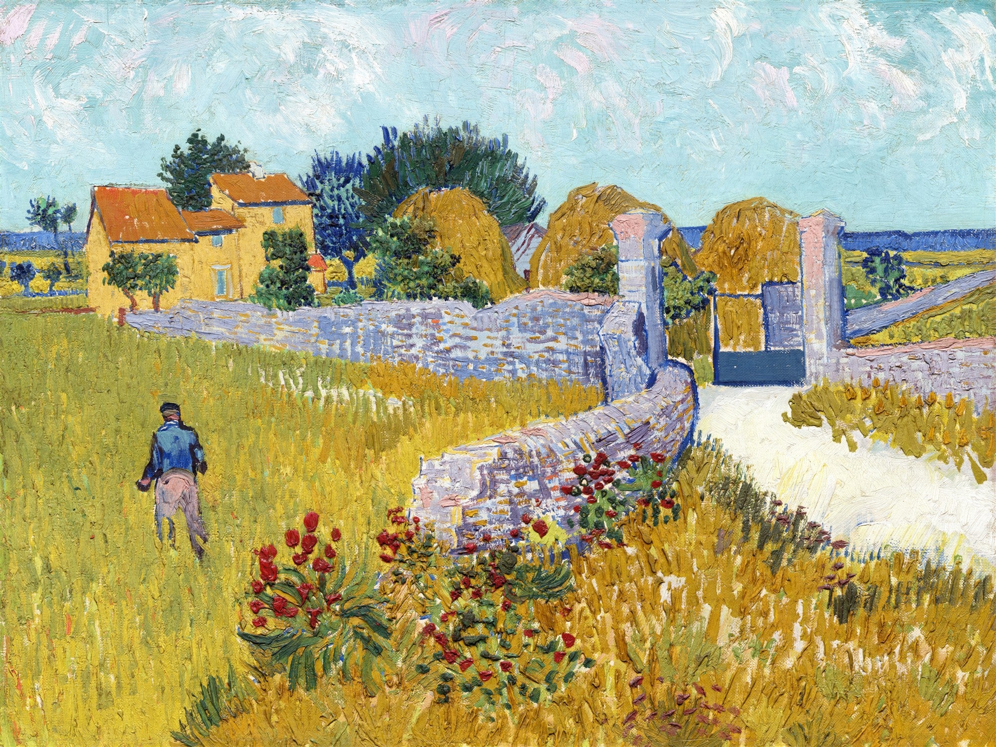 Quadro decorativo com a pintura 'Campo de Trigo com Ceifeiro' de Vincent van Gogh, mostrando um homem trabalhando em um campo dourado sob um céu azul, com casas e fardos de feno ao fundo. A obra apresenta pinceladas espessas e vibrantes, características do Pós-Impressionismo.