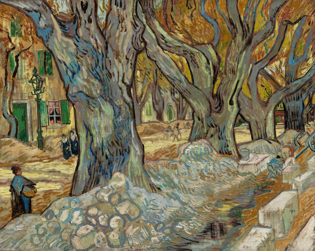 Pintura a óleo de Vincent van Gogh, 'Les Grands Platanes', mostrando uma alameda com grandes árvores plátanos, com figuras humanas e edifícios ao fundo. A paleta de cores é vibrante, com tons de amarelo, laranja, verde e azul, e pinceladas texturizadas.