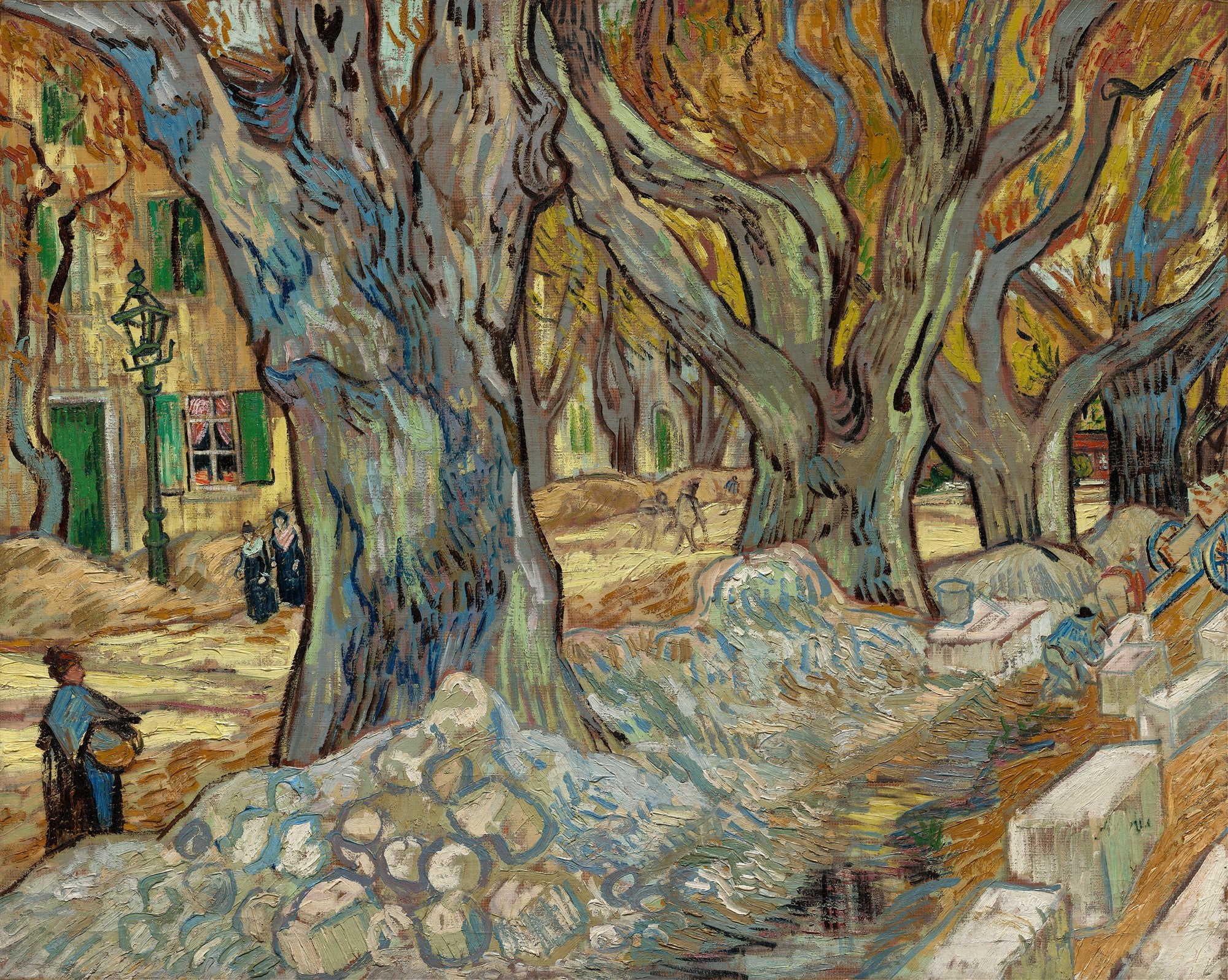 Pintura a óleo de Vincent van Gogh, 'Les Grands Platanes', mostrando uma alameda com grandes árvores plátanos, com figuras humanas e edifícios ao fundo. A paleta de cores é vibrante, com tons de amarelo, laranja, verde e azul, e pinceladas texturizadas.