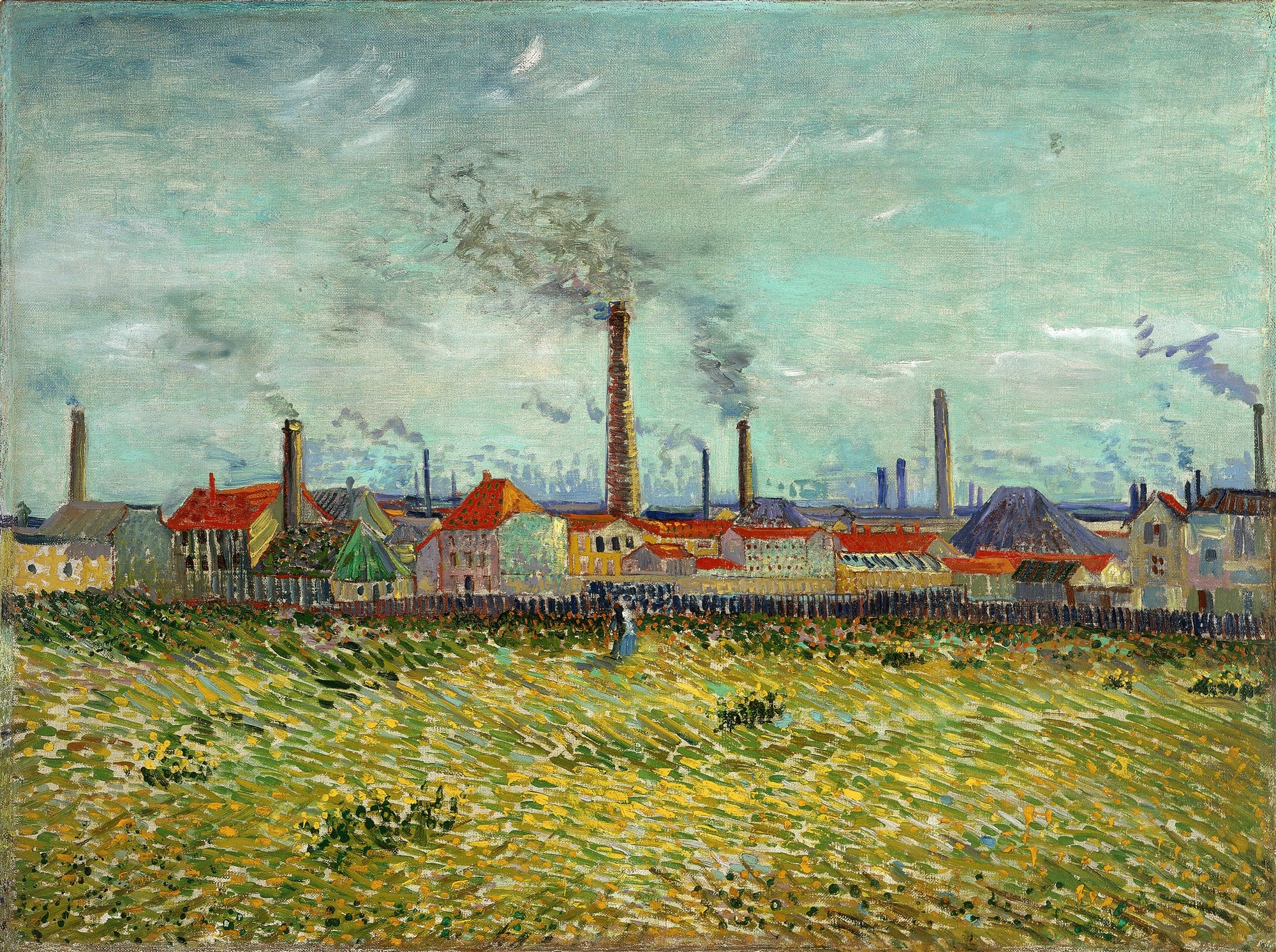 Pintura a óleo de Van Gogh, 'Campo com Fábricas', mostrando um campo verde e amarelo em primeiro plano com edifícios industriais e chaminés fumegantes ao fundo sob um céu nublado.