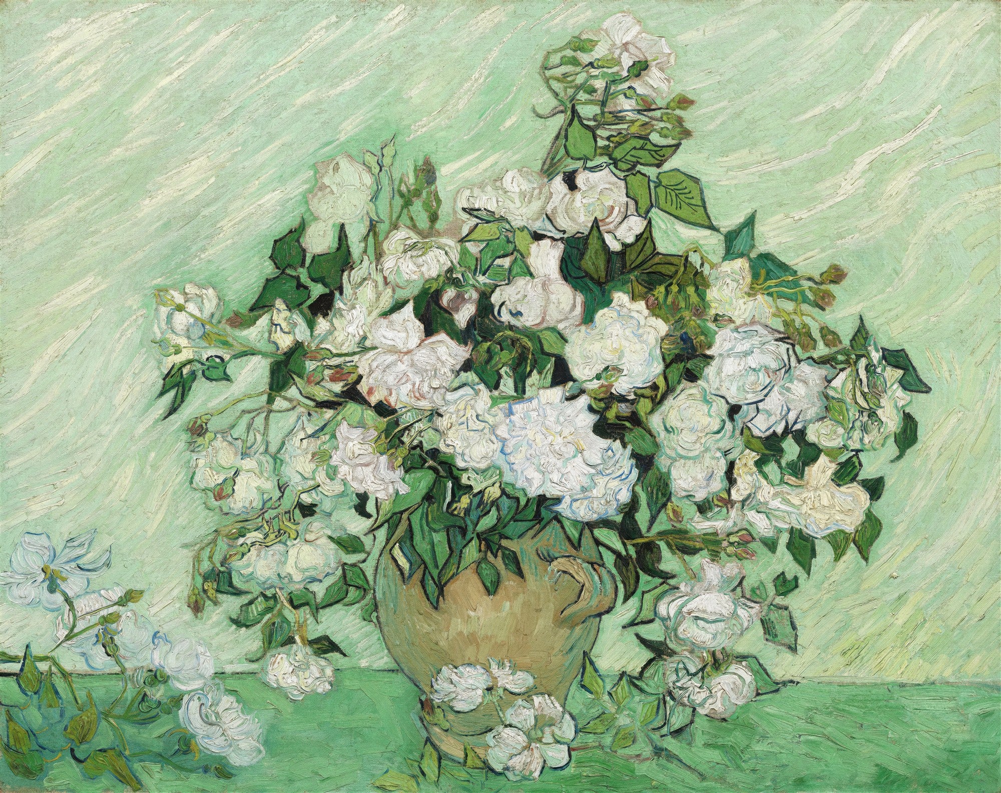 Quadro decorativo de Rosas Brancas, pintura de Vincent van Gogh, com um vaso de flores brancas e folhagens verdes sobre um fundo verde claro com pinceladas marcadas.