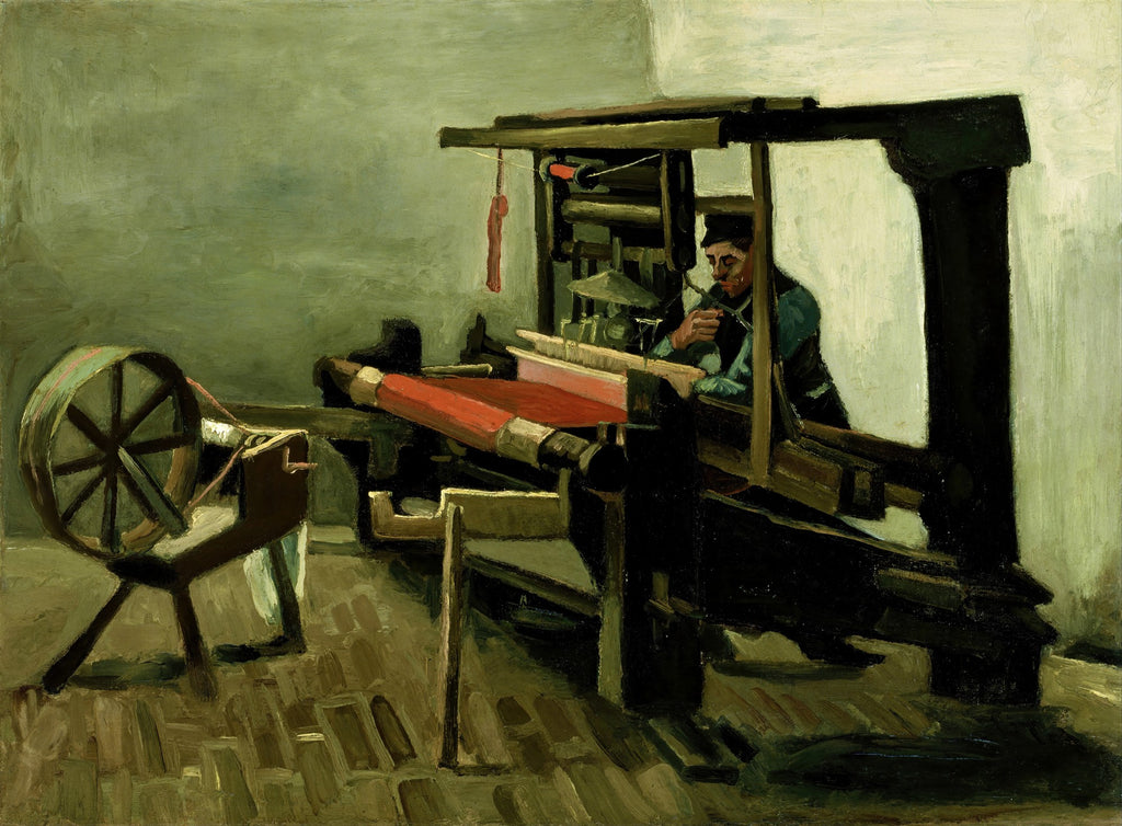 Quadro decorativo com a pintura 'O Tecelão' de Vincent van Gogh, mostrando um homem trabalhando em um tear com fios vermelhos em um ambiente de tons terrosos e esverdeados.