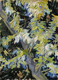 Pintura a óleo de Vincent van Gogh intitulada 'Folhas de Figueira', mostrando folhagens densas em tons de verde, amarelo e azul, com pinceladas expressivas e texturizadas. Predominam folhas em verde-limão e verde-oliva, com fundos em azul-claro e azul-escuro, sugerindo luz e sombra entre as folhas de uma árvore.