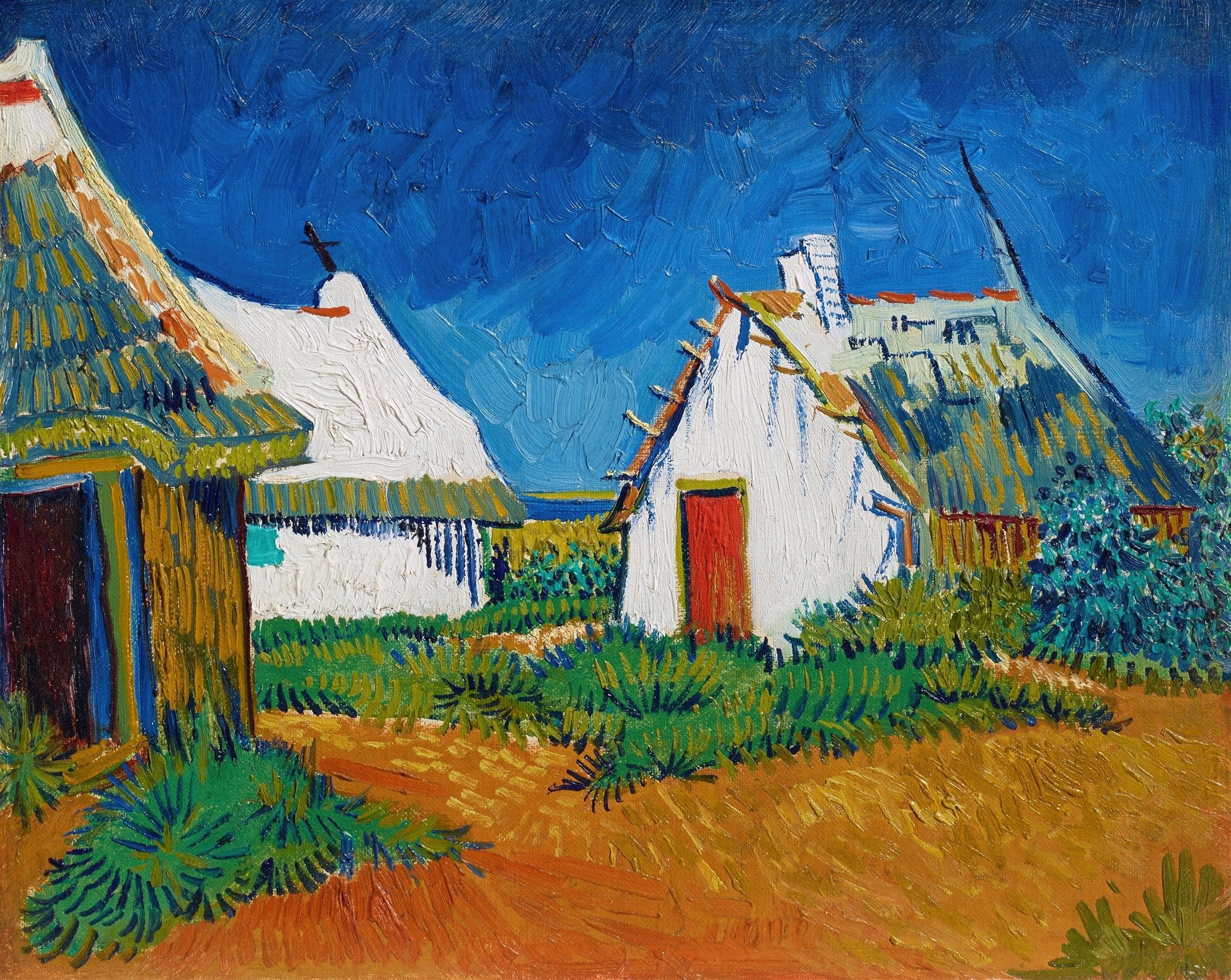Pintura a óleo de Vincent van Gogh mostrando casas brancas com telhados de palha sob um céu azul escuro e turbulento, com vegetação verde e caminho terroso em primeiro plano.
