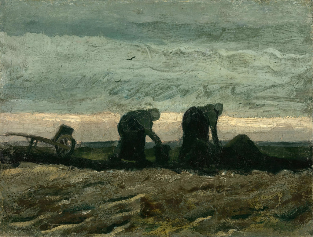 Pintura de Vincent van Gogh, Camponeses Plantando Batatas. Duas figuras escuras e curvadas trabalham em um campo de tons terrosos sob um céu cinzento-azulado, com uma carroça à esquerda e pássaros voando ao longe.