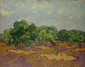 Pintura a óleo de Vincent van Gogh intitulada 'Oliveiras com Céu Amarelo e Sol', mostrando árvores de oliveira com folhas verdes vibrantes e troncos retorcidos em um campo de tons marrons e roxos, sob um céu azul-claro pontilhado de pinceladas amarelas que representam nuvens e sol.