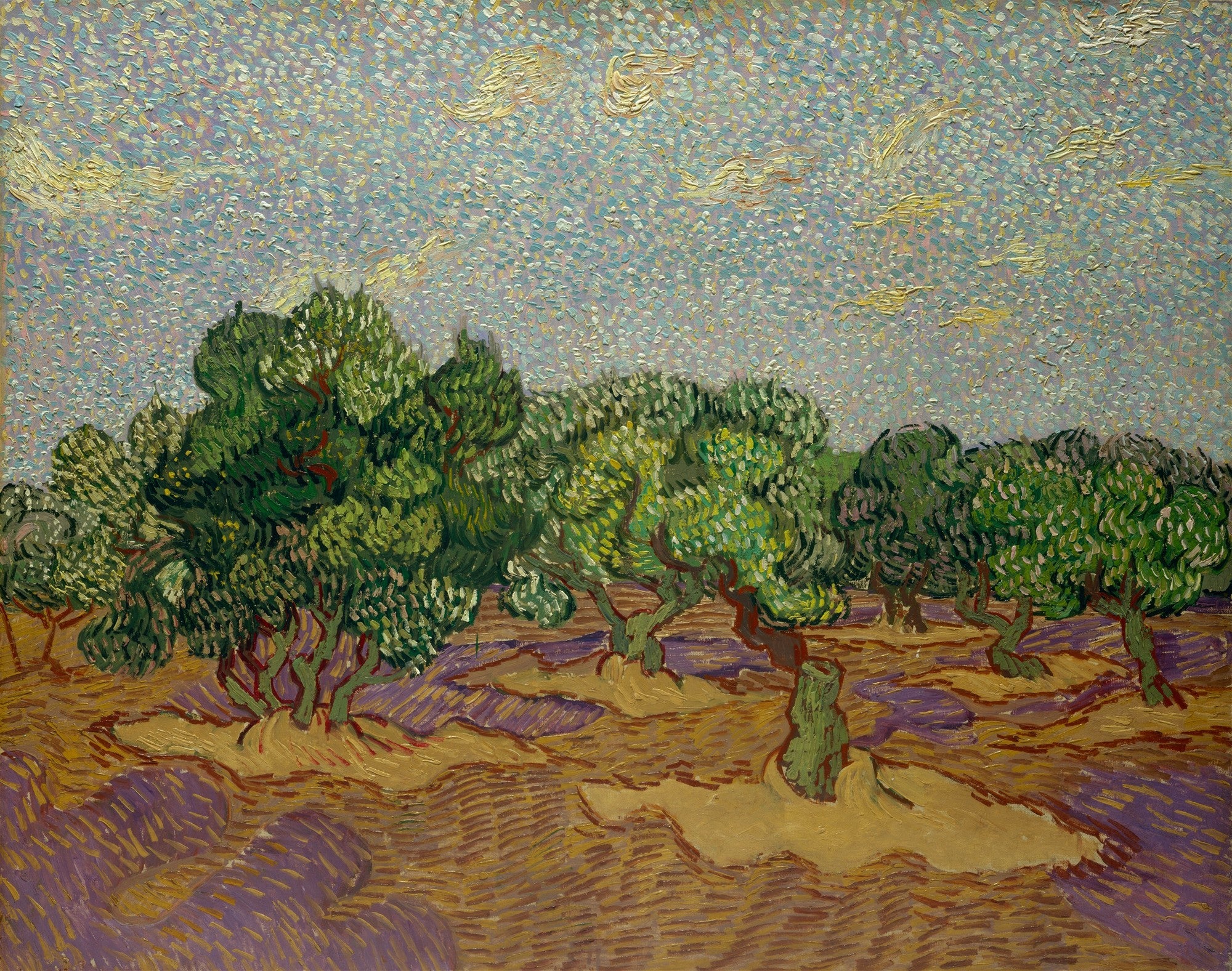 Pintura a óleo de Vincent van Gogh intitulada 'Oliveiras com Céu Amarelo e Sol', mostrando árvores de oliveira com folhas verdes vibrantes e troncos retorcidos em um campo de tons marrons e roxos, sob um céu azul-claro pontilhado de pinceladas amarelas que representam nuvens e sol.