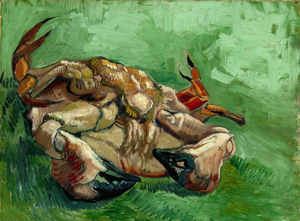 Quadro decorativo mostrando uma pintura a óleo de um caranguejo de cabeça para baixo com garras e pernas vermelhas e marrons, sobre um fundo de pinceladas expressivas em tons de verde vibrante.