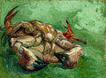 Quadro decorativo mostrando uma pintura a óleo de um caranguejo de cabeça para baixo com garras e pernas vermelhas e marrons, sobre um fundo de pinceladas expressivas em tons de verde vibrante.