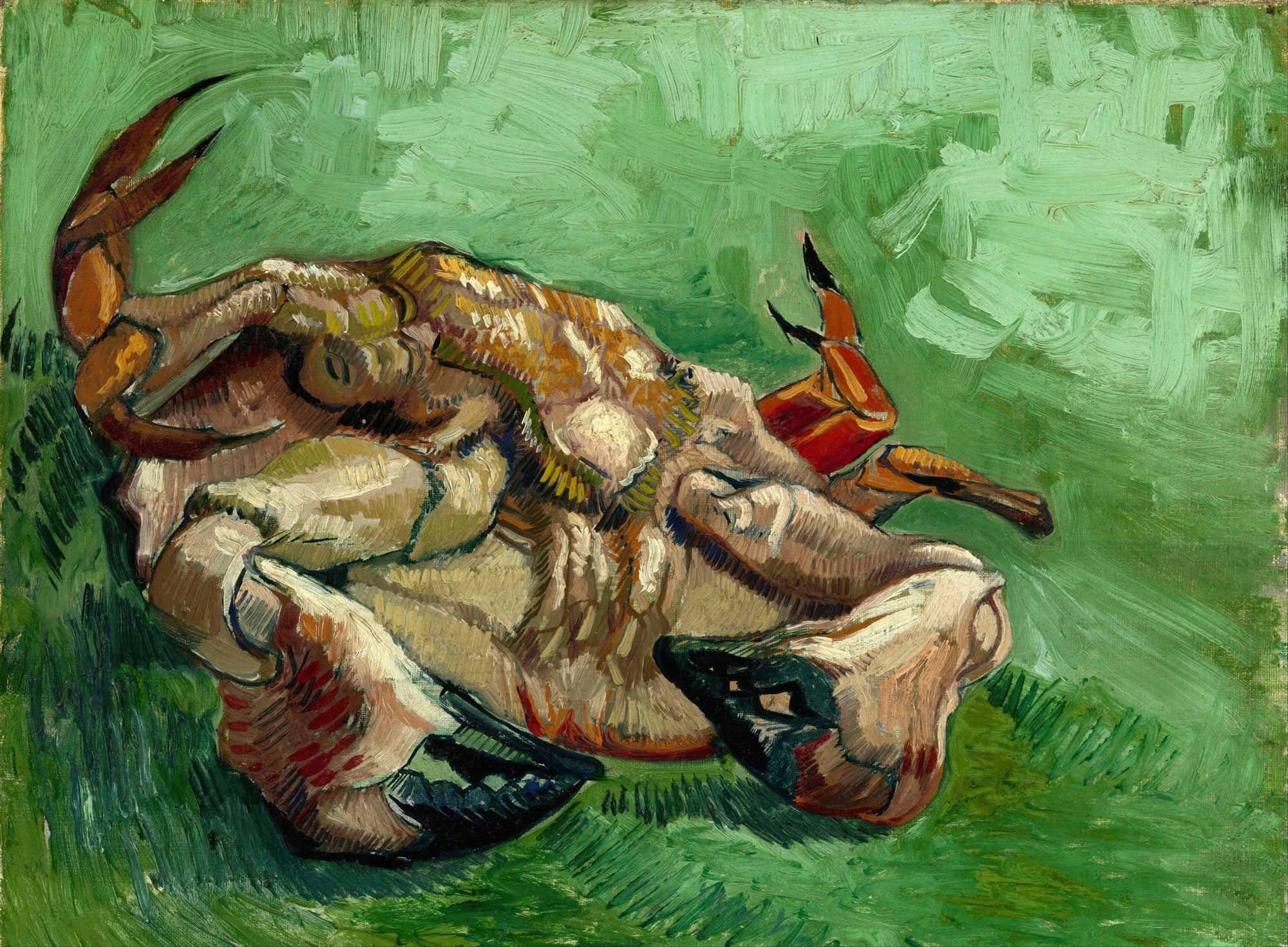 Quadro decorativo mostrando uma pintura a óleo de um caranguejo de cabeça para baixo com garras e pernas vermelhas e marrons, sobre um fundo de pinceladas expressivas em tons de verde vibrante.