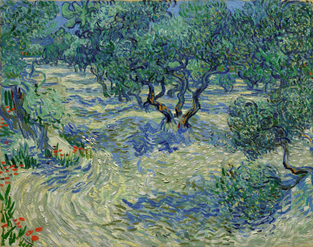 Impressão fine art de 'Oliveiras com Céu Amarelo e Sol' de Vincent van Gogh, mostrando oliveiras retorcidas sob um céu vibrante em tons de verde, azul e amarelo, com pinceladas expressivas.
