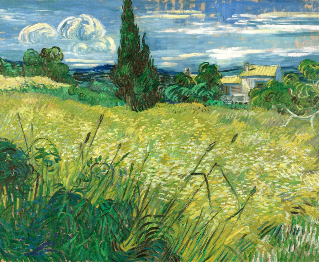 Quadro decorativo de Vincent van Gogh, "Campo de Trigo com Cipreste", mostrando um campo amarelo vibrante, um cipreste verde escuro e um céu azul com nuvens brancas e onduladas, sob uma luz dramática.